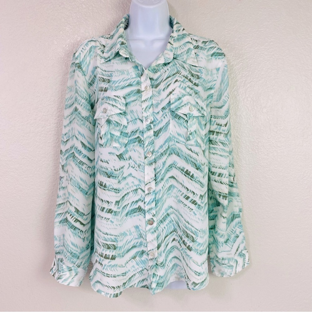 Chicoβs Button Up Chevron Strip Blouse Size L